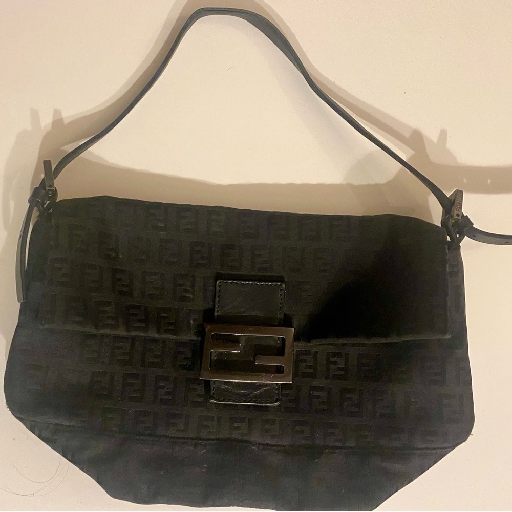FENDI ZUCCA FF SMALL BAGUETTE BAG TONAL BLACK W DARK SILVER TONE HARDWARE